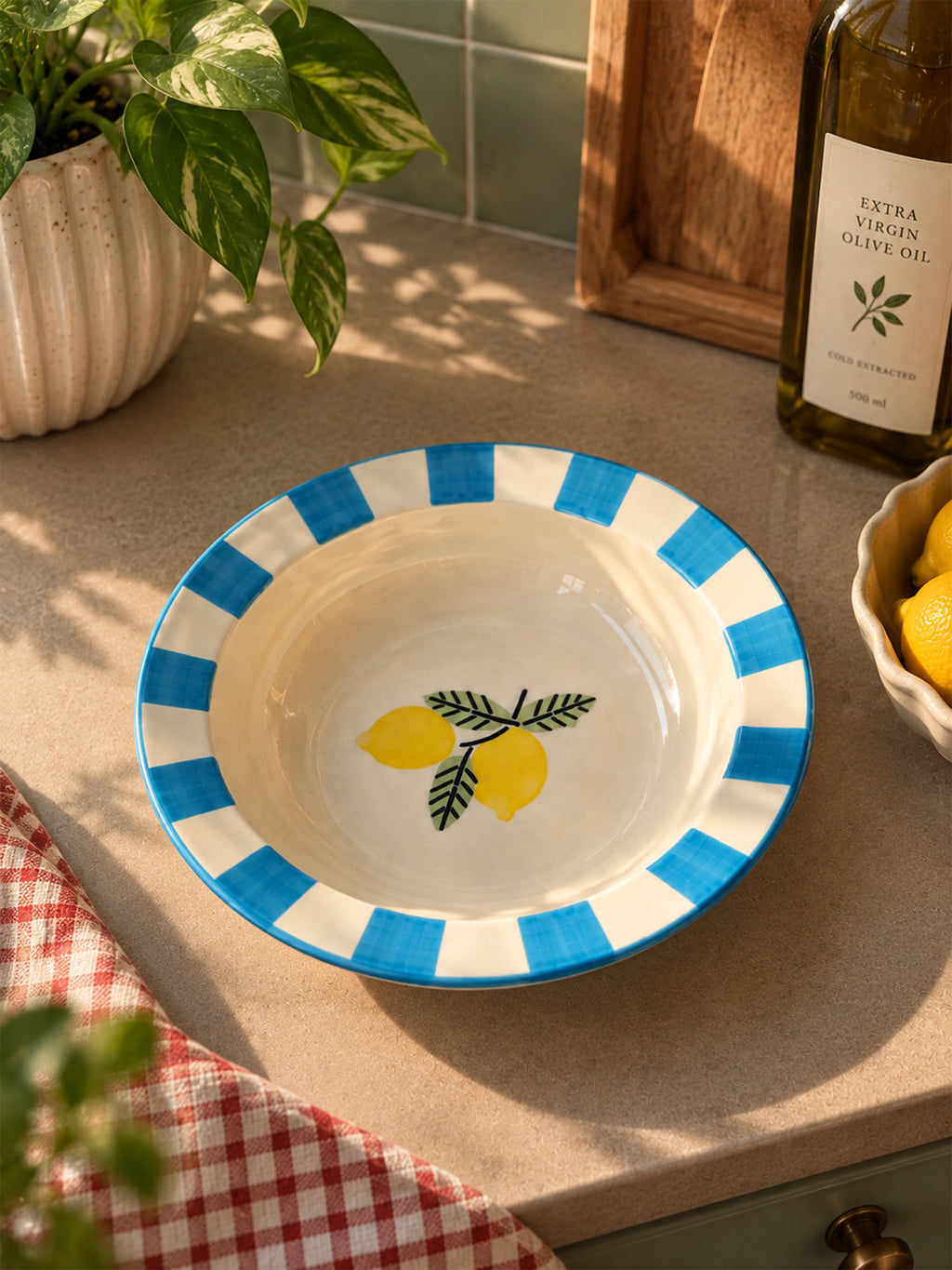Mittiraa Home Lemon Pasta Plate with Blue Rim🍋💙 | 18 cm
