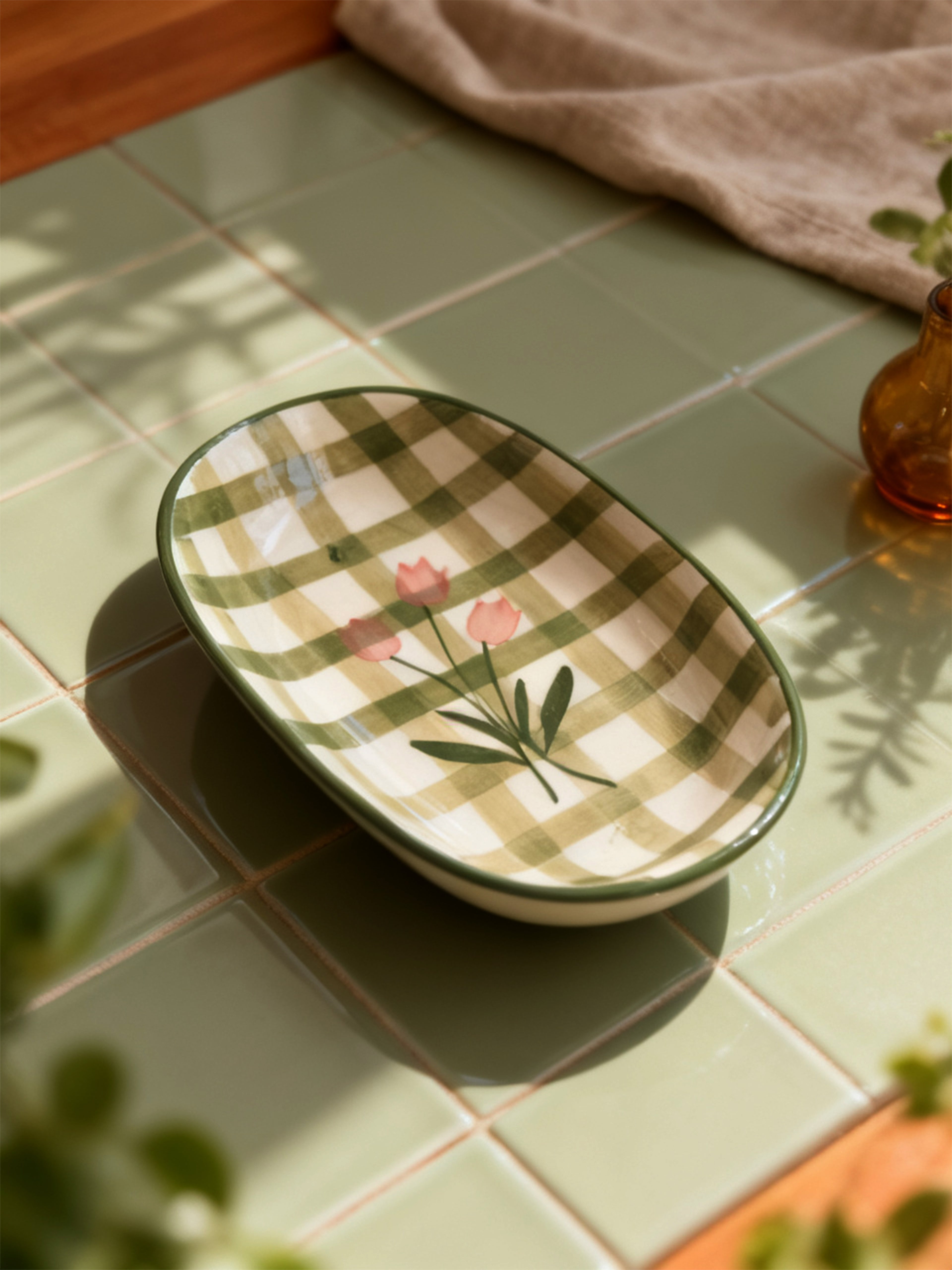 Green Checks Oval Bowl