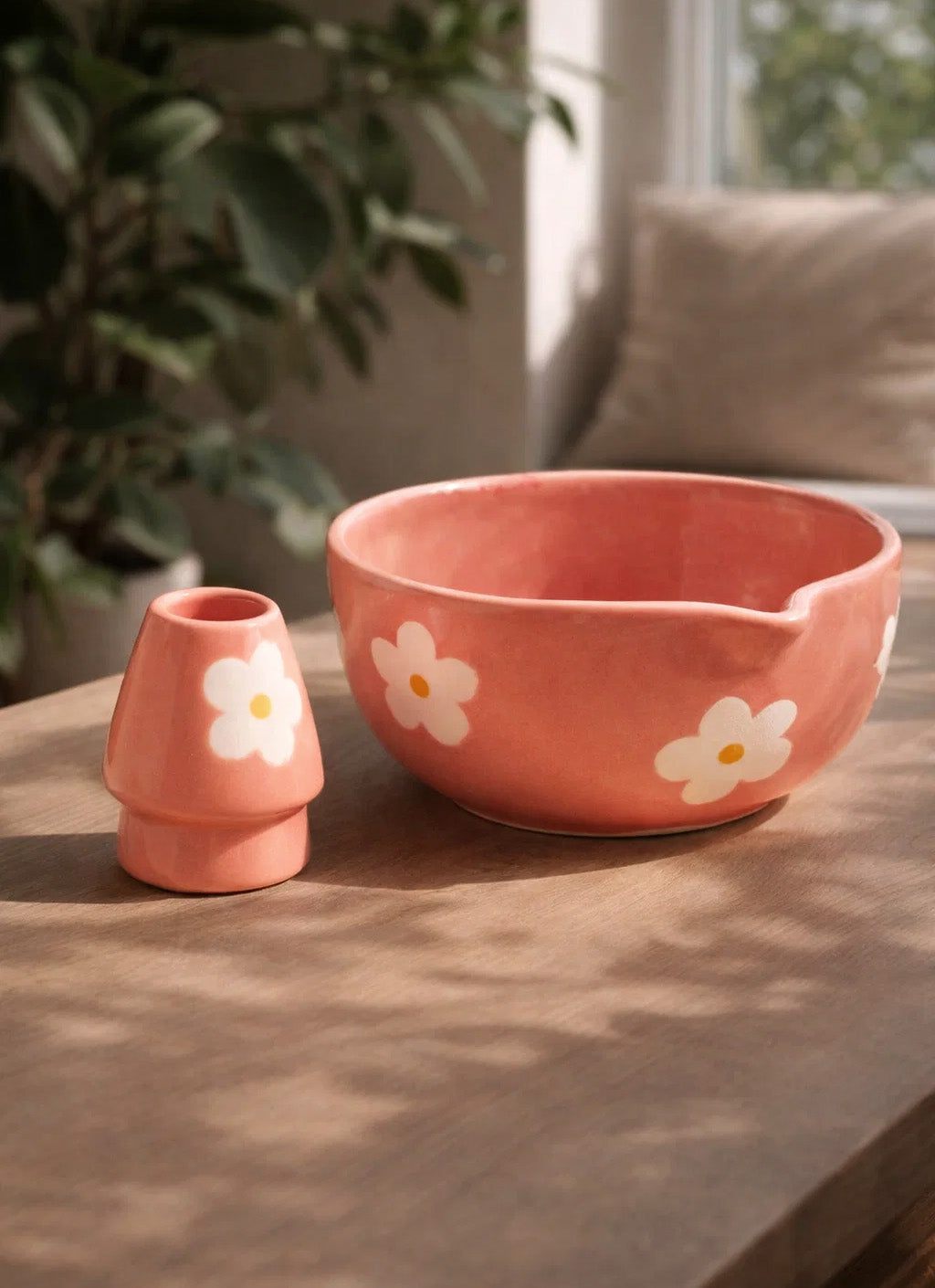 Pink Matcha Bowl with White Flowers with Whisk Holder