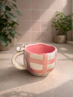Pink Checks Mug with Flower | Cute Ceramic Mug