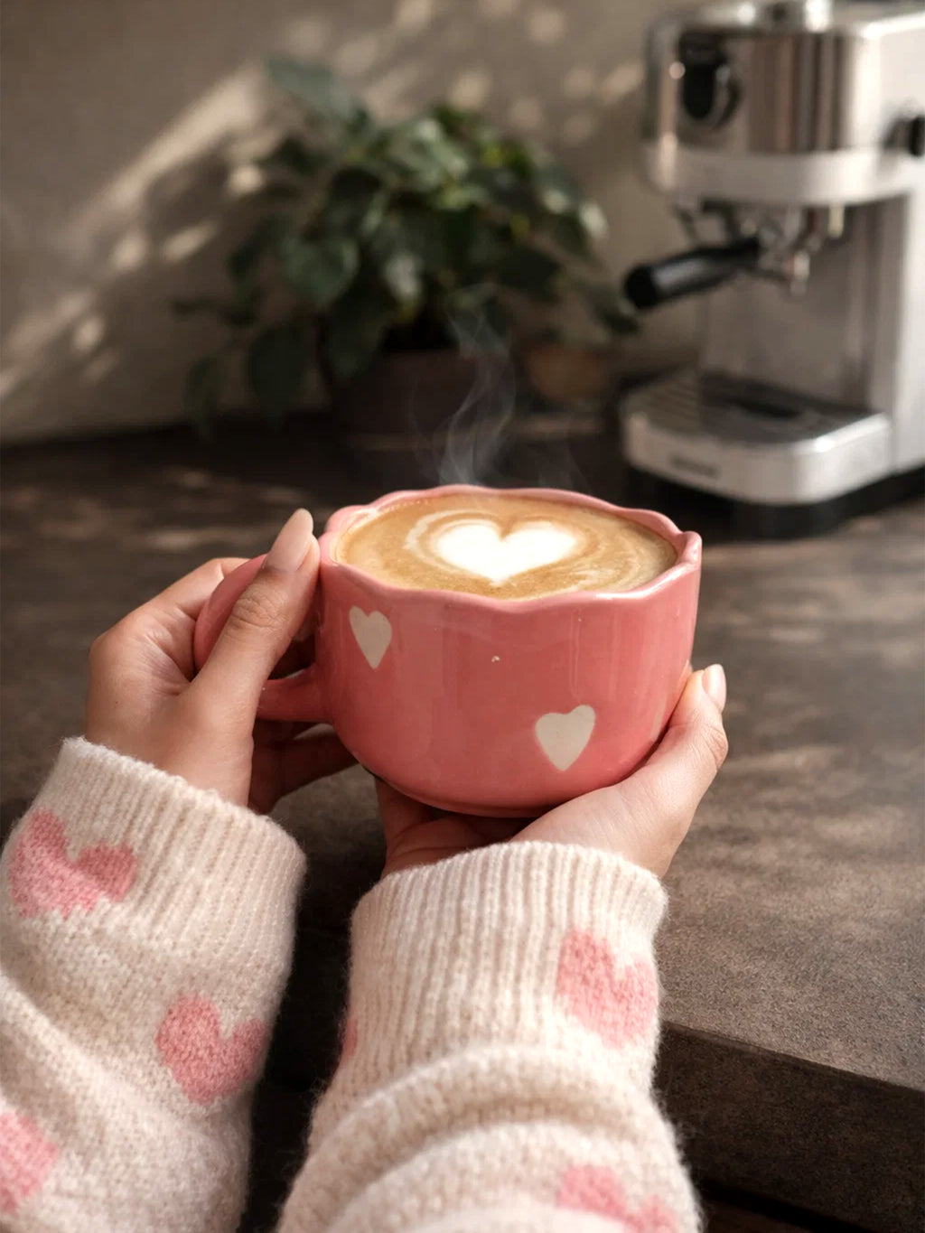 Pink Cappuccino Mug with White Hearts