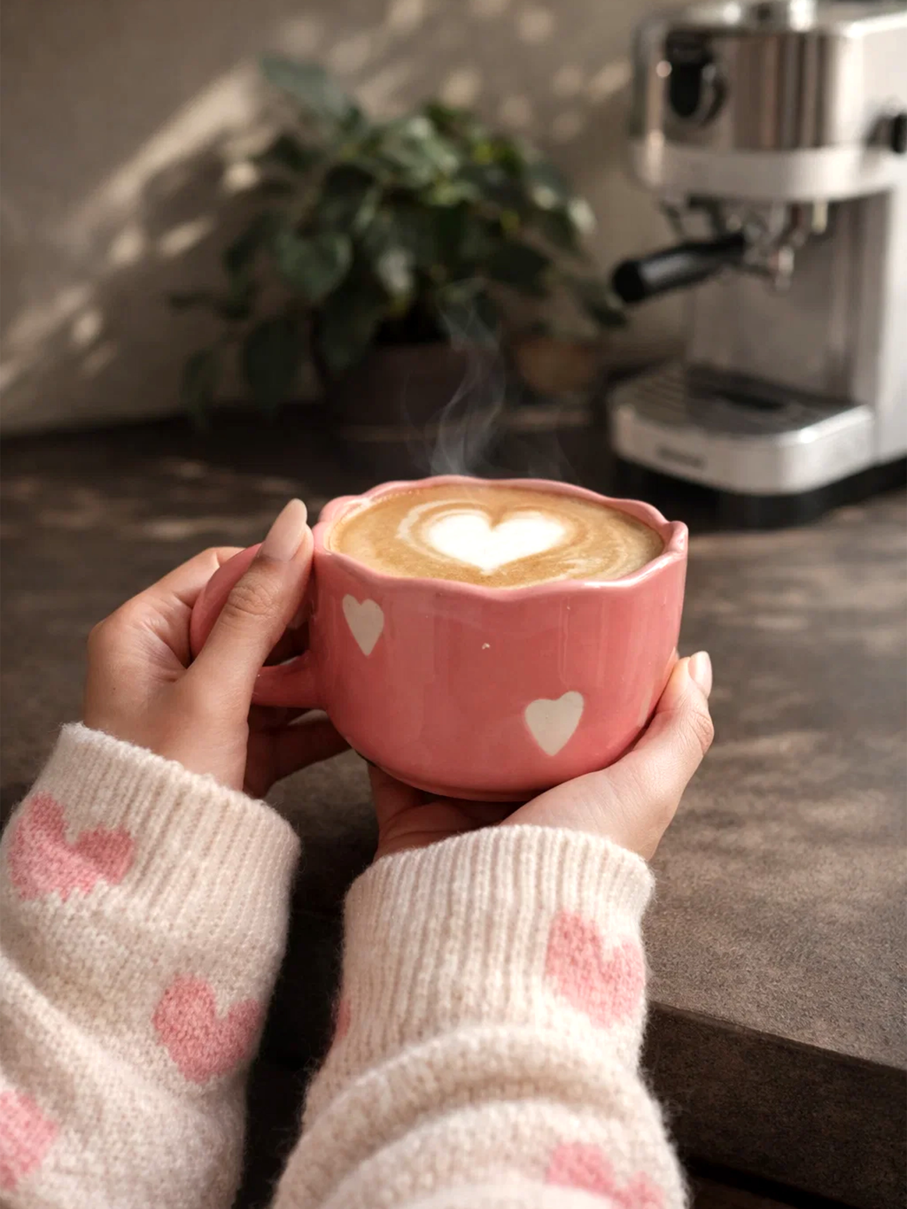 Pink Cappuccino Mug with White Hearts