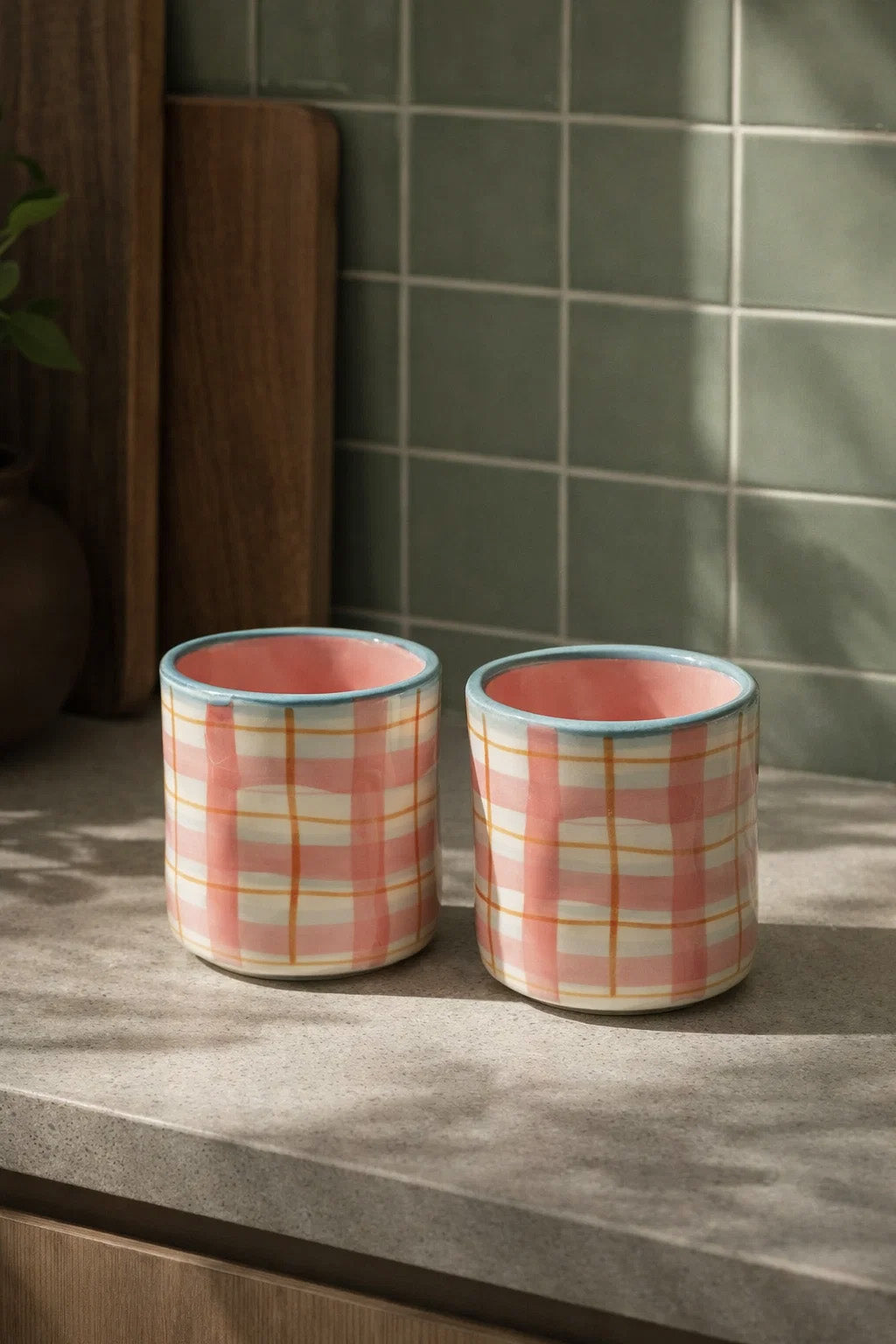 Pink Checks Glasses (Pack of 2) | Beautiful Ceramic Glass