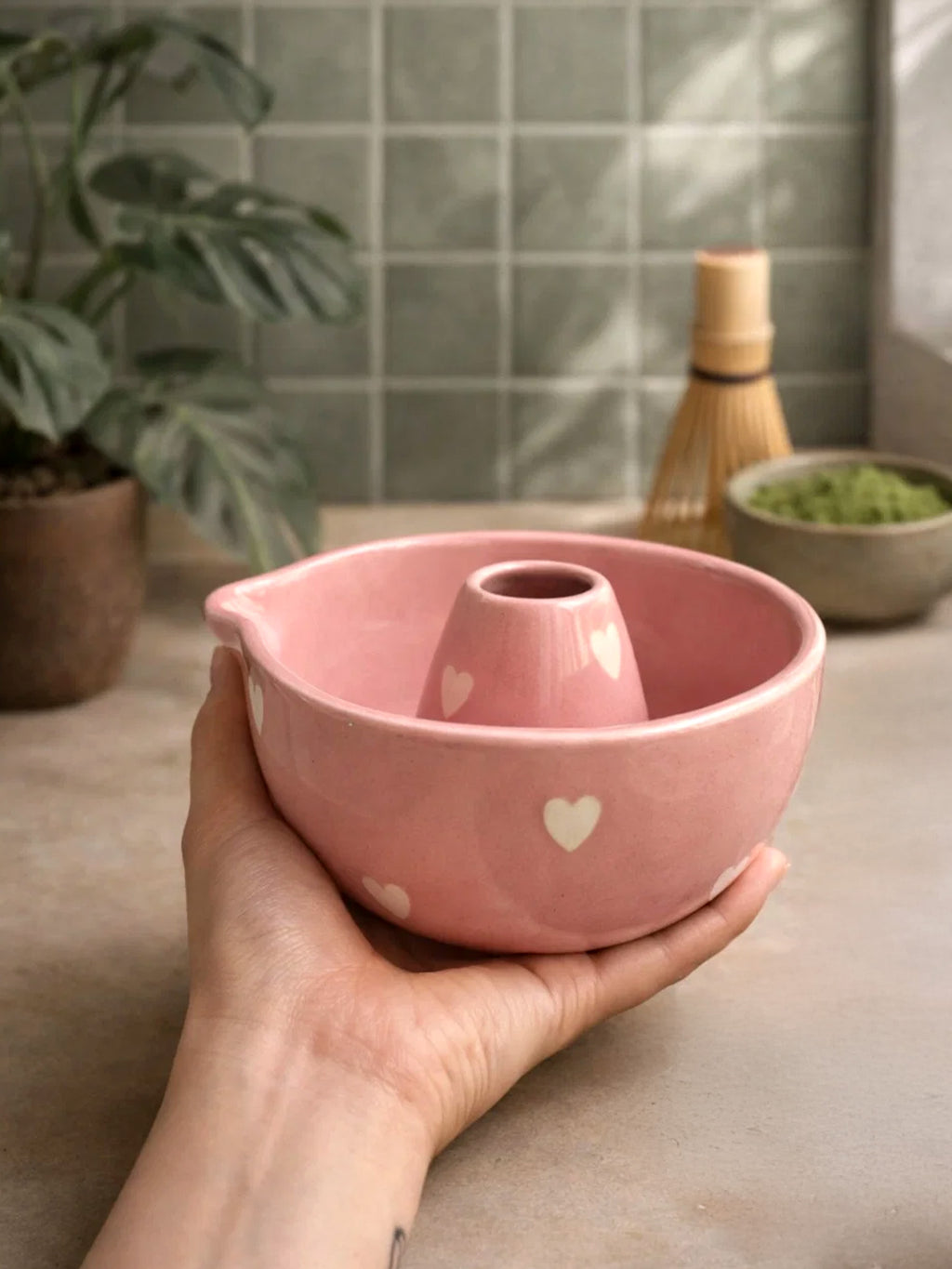 Pink Matcha Bowl with White hearts