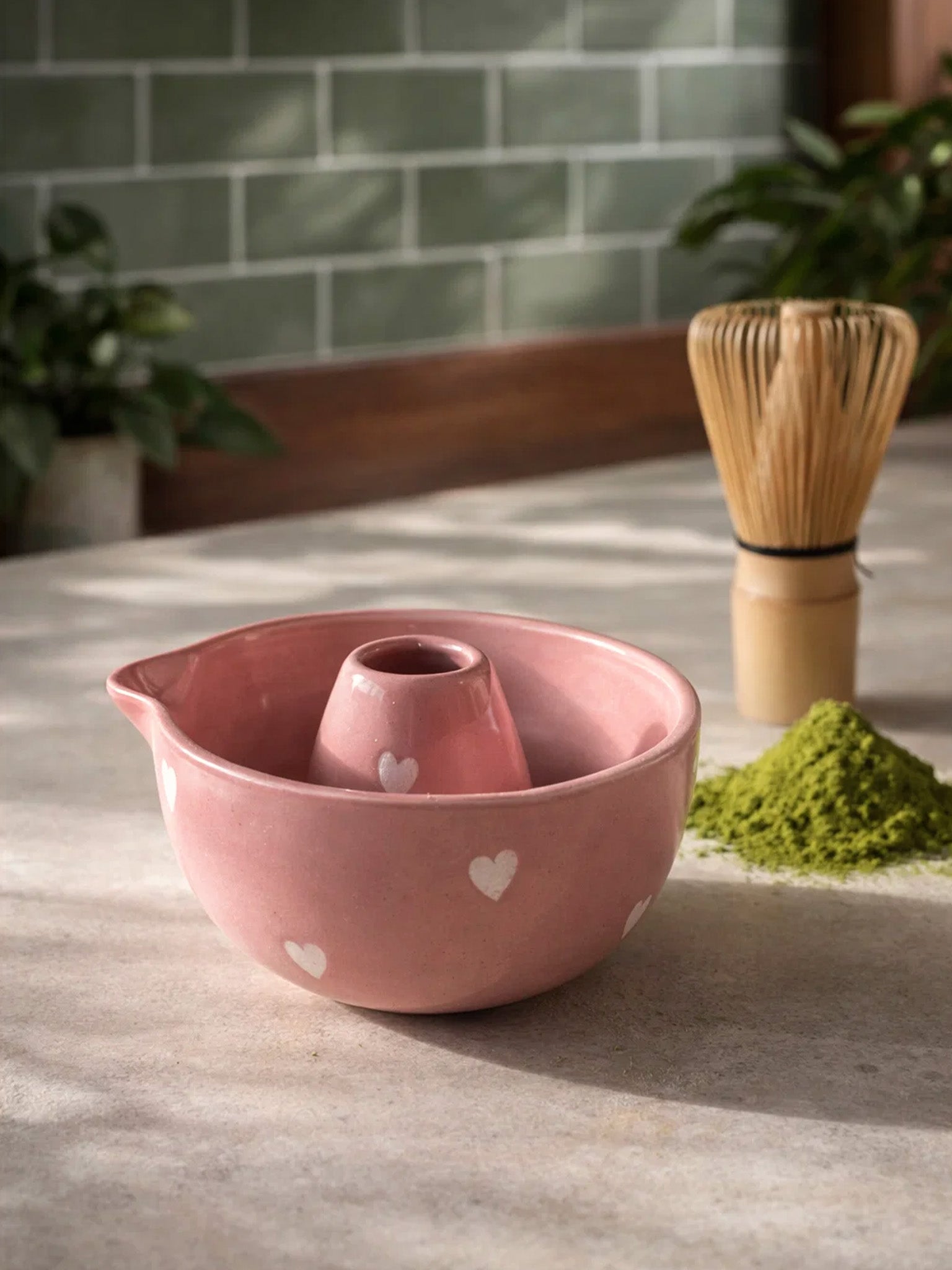 Pink Matcha Bowl with White hearts
